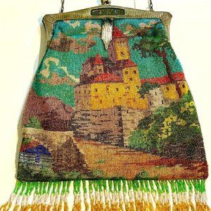 Antique Micro Beaded Purse Handbag Village Motif Sterling Silver Frame Hallmark